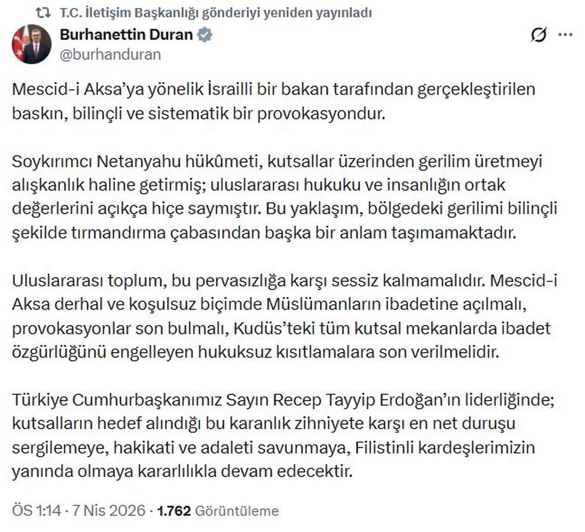 İletişim Başkanı Duran: Mescid-i Aksa’ya yönelik baskın, bilinçli ve sistematik bir provokasyondur